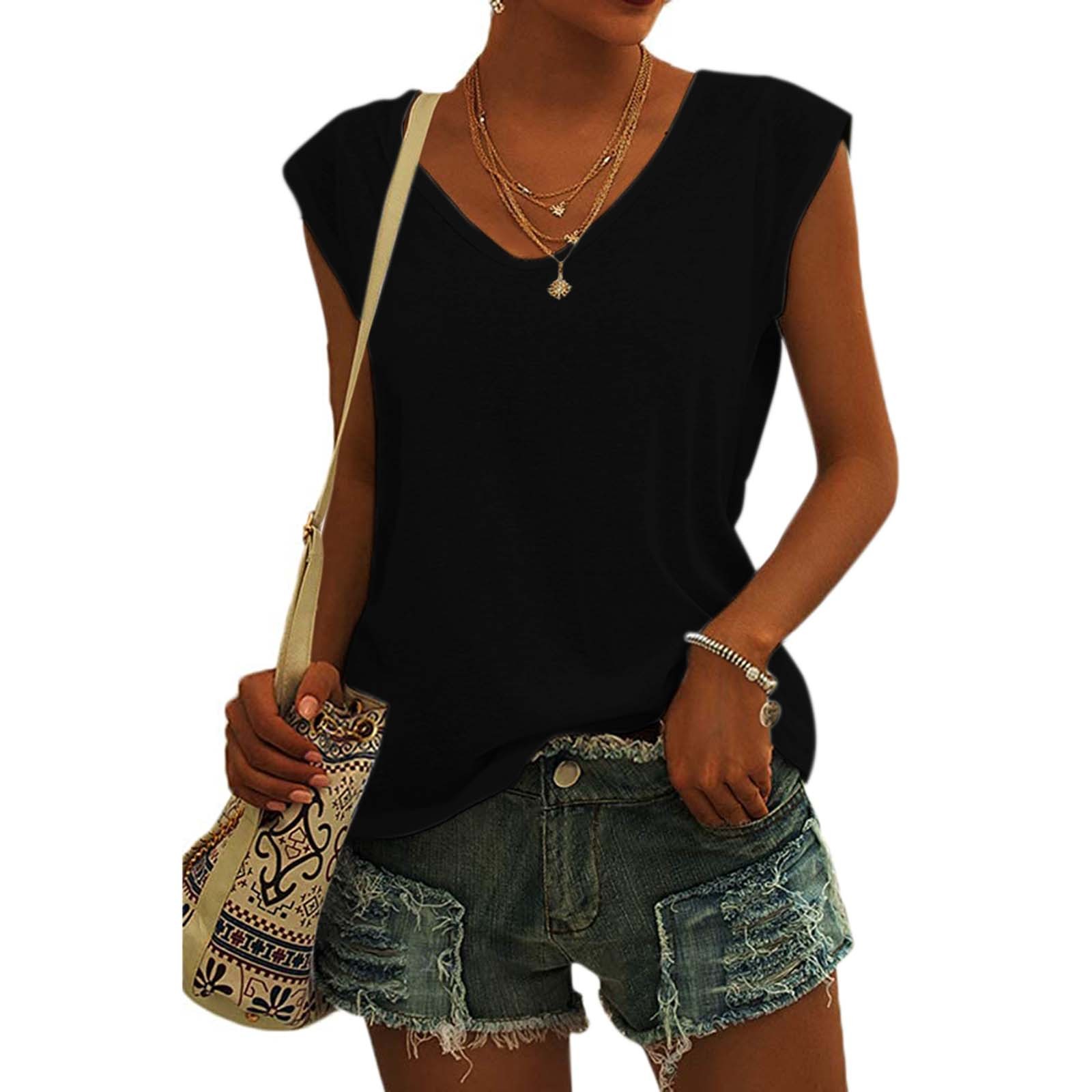 thumbnail image 4 of Camiseta básica de verano para mujer, holgada, con cuello en V y manga corta, sin mangas., 4 of 8